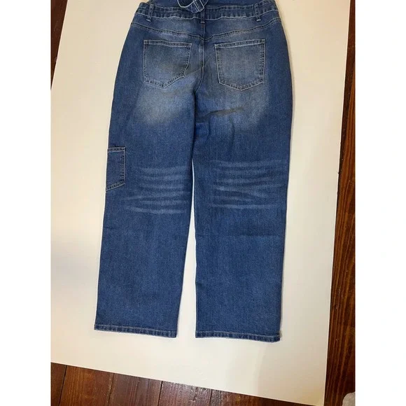 Flamingals Women Medium Wash Denim Wide Leg barrelCarpenter Overalls Blue NWT - Picture 6 of 10